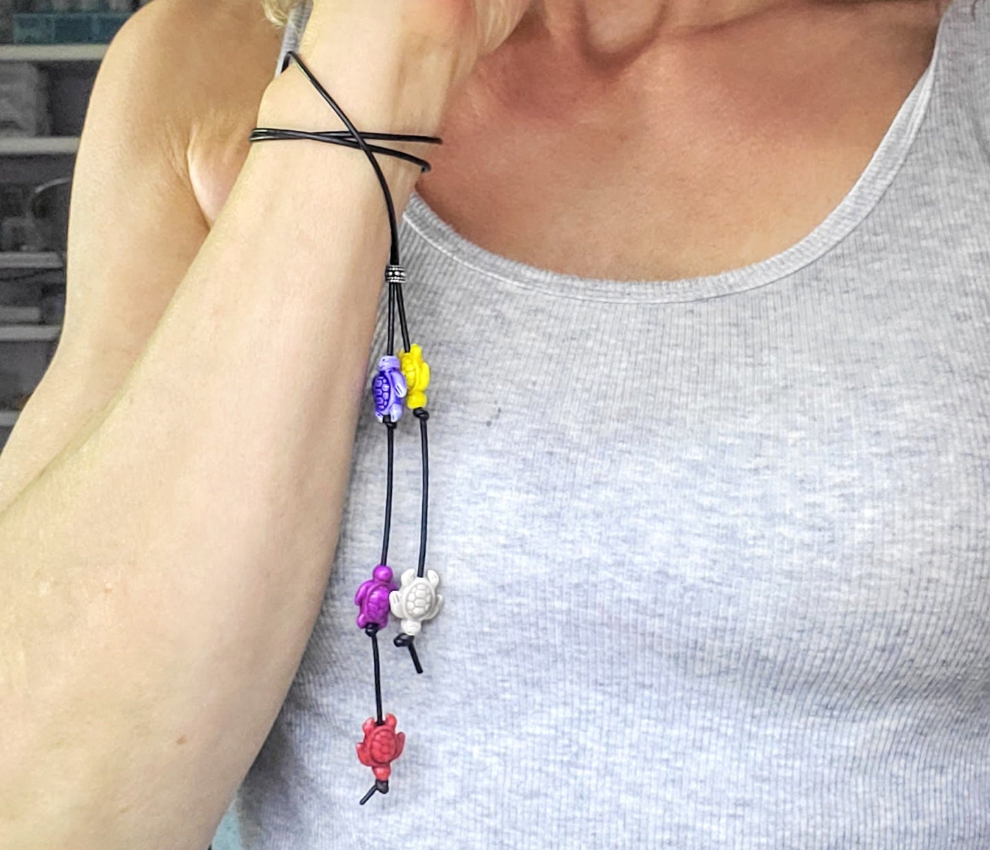 Handmade Black Leather Colored Ceramic Talking Turtle Bolo Necklace