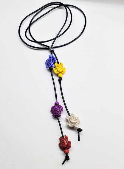 Handmade Black Leather Colored Ceramic Talking Turtle Bolo Necklace