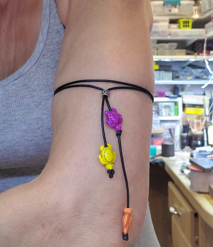 Handmade Black Leather Colored Ceramic Talking Turtle Bolo Necklace