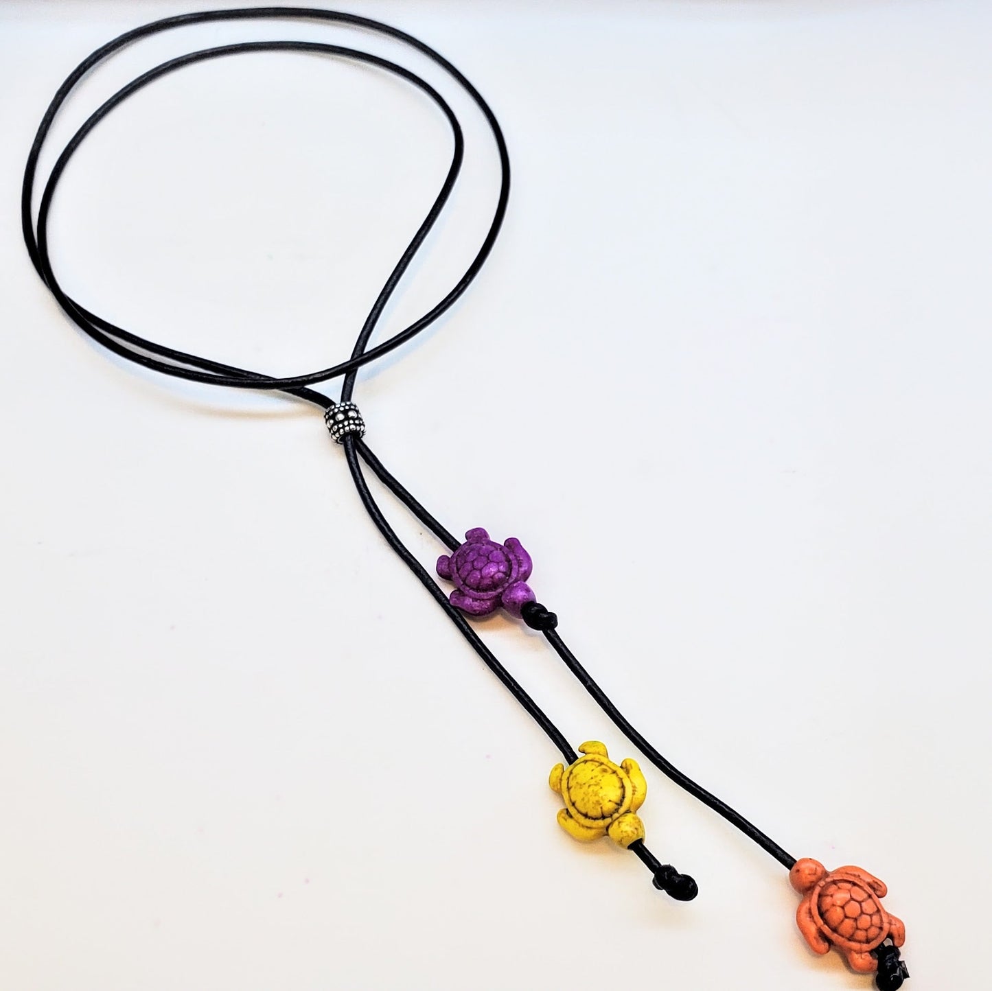 Handmade Black Leather Colored Ceramic Talking Turtle Bolo Necklace