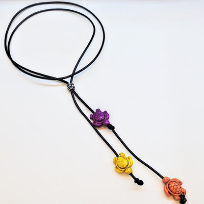Handmade Black Leather Colored Ceramic Talking Turtle Bolo Necklace