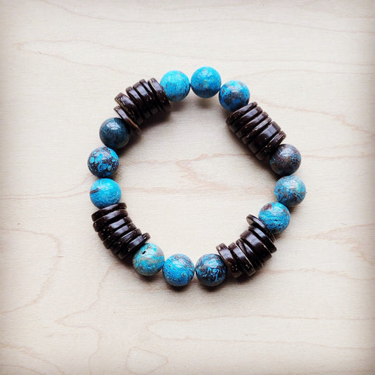 Ocean Agate and Wood Stretch Bracelet 810j