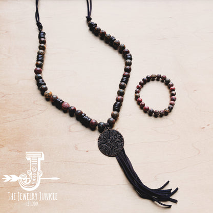 Leopard Jasper Necklace w/ Wood Beads & Copper Medallion 258c