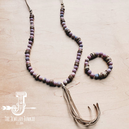 Frosted Marble Jasper Necklace w/ Wood Beads & Leather Tassel 258b