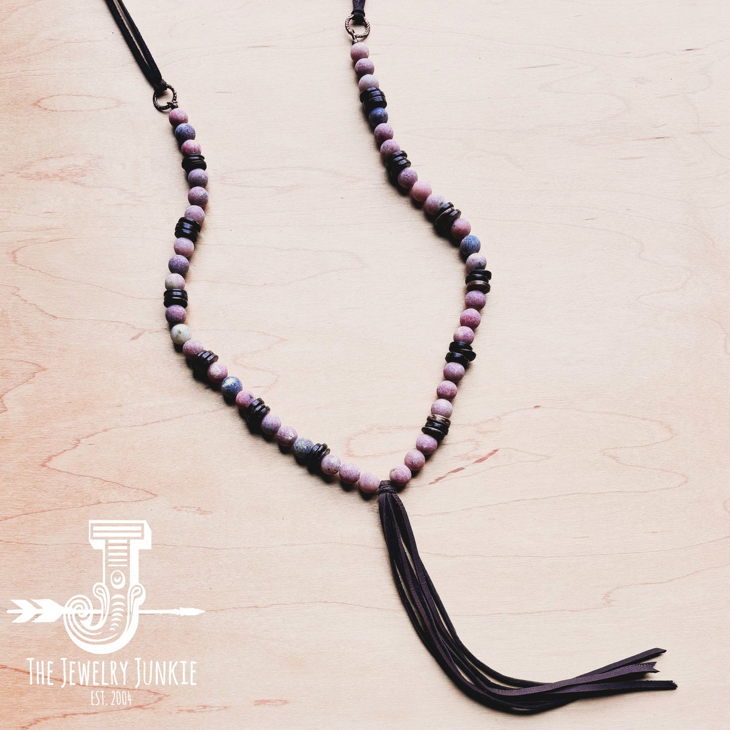 Frosted Marble Jasper Necklace w/ Wood Beads & Leather Tassel 258b