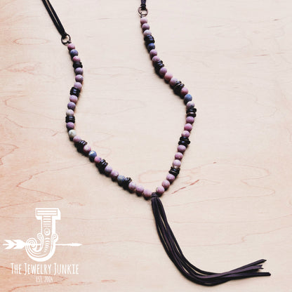 Frosted Marble Jasper Necklace w/ Wood Beads & Leather Tassel 258b
