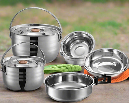 Camping Cookware Nesting Set - Stainless Steel with Storage Carrying Tote Bag