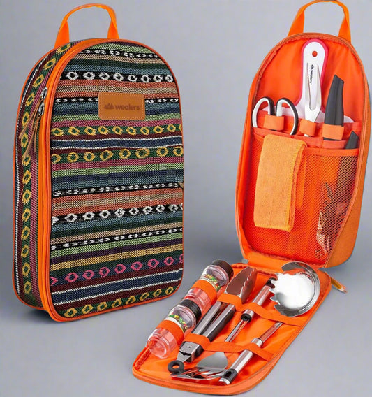 Camp Kitchen Cooking Utensil Set Travel Organizer Grill Accessories Portable Compact Gear for Backpacking BBQ Camping Hiking Travel Cookware Kit Water Resistant Case