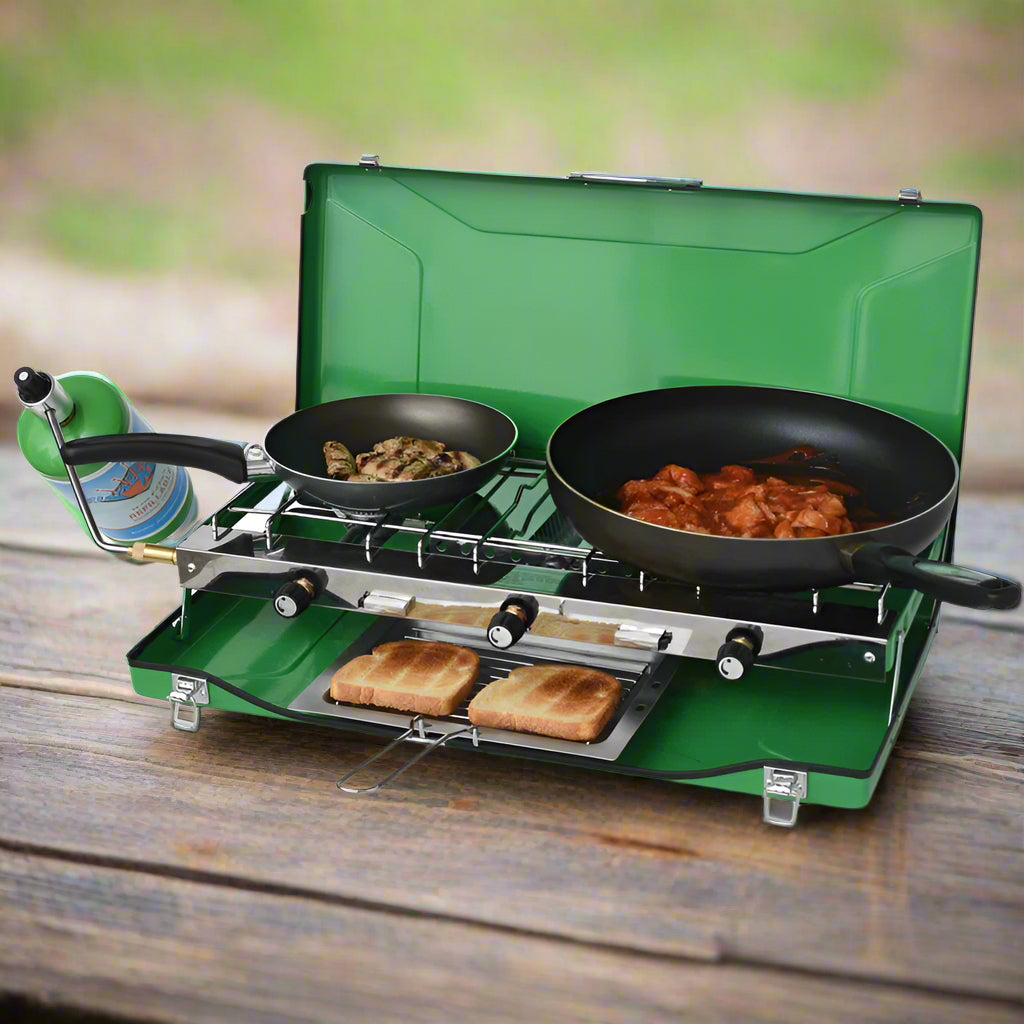 3-Burner Portable Camping Stove Grill W/ Toast Tray, Compatible with 1LB Propane Tanks