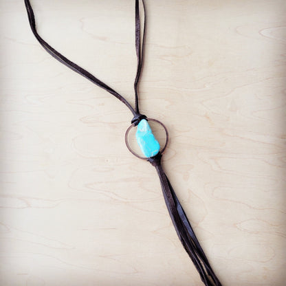 Brown Boho Leather Necklace w/ Large Turquoise Chunky Pendant 261m