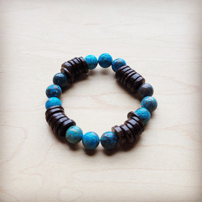 Ocean Agate and Wood Stretch Bracelet 810j