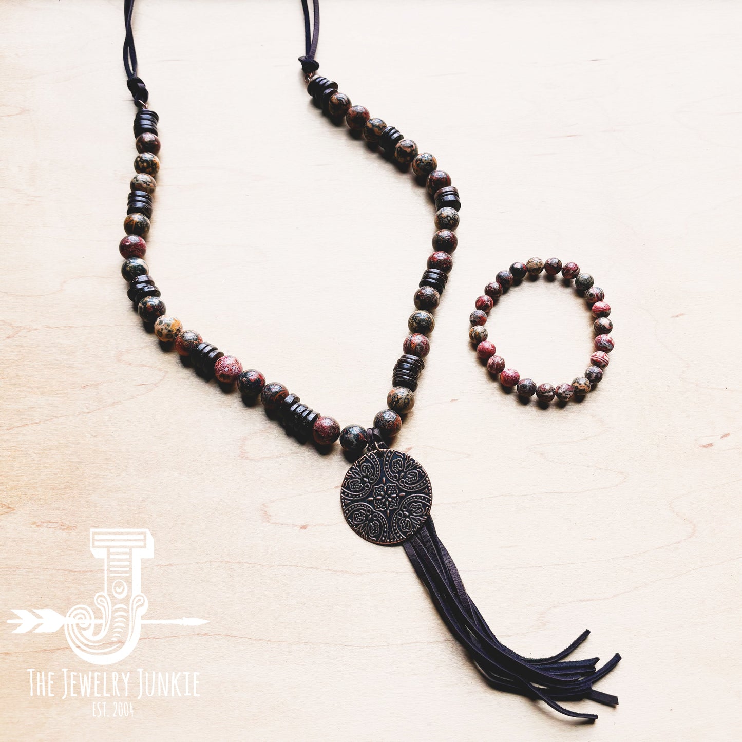Leopard Jasper Necklace w/ Wood Beads & Copper Medallion 258c