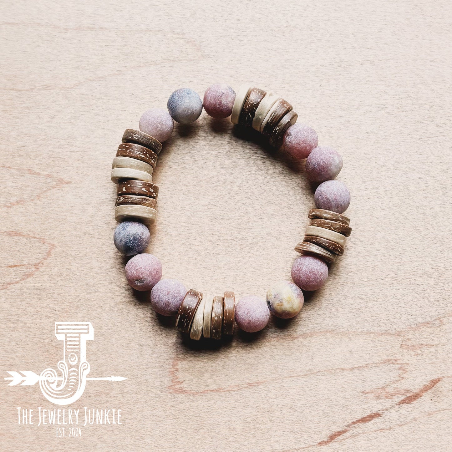 Frosted Marble Jasper and Wood Stretch Bracelet (808z)