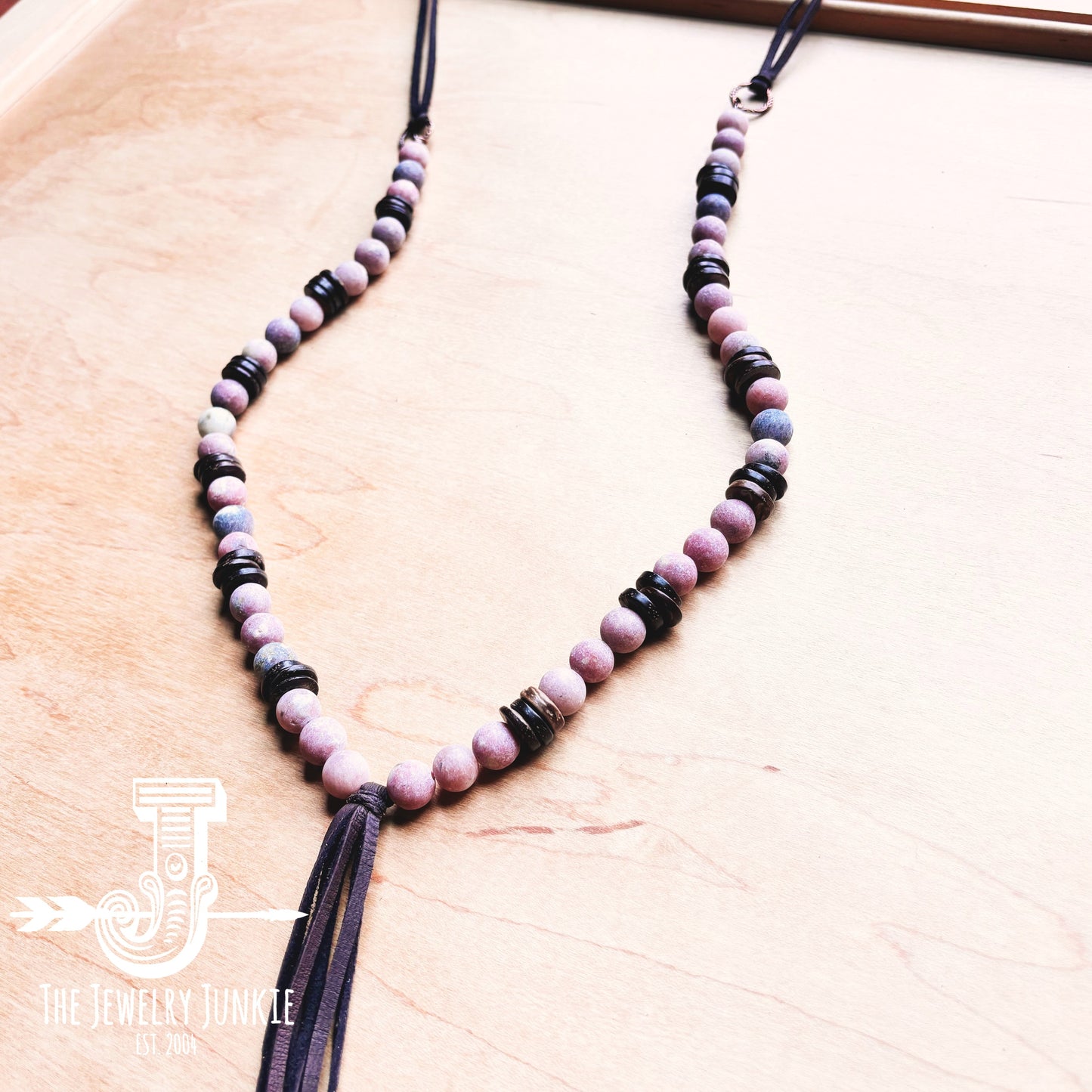 Frosted Marble Jasper Necklace w/ Wood Beads & Leather Tassel 258b