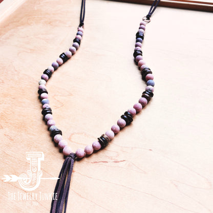 Frosted Marble Jasper Necklace w/ Wood Beads & Leather Tassel 258b