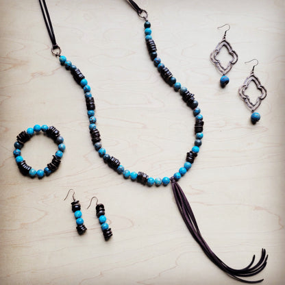 Ocean Agate Necklace with Wood Beads and Leather Tassel 260b