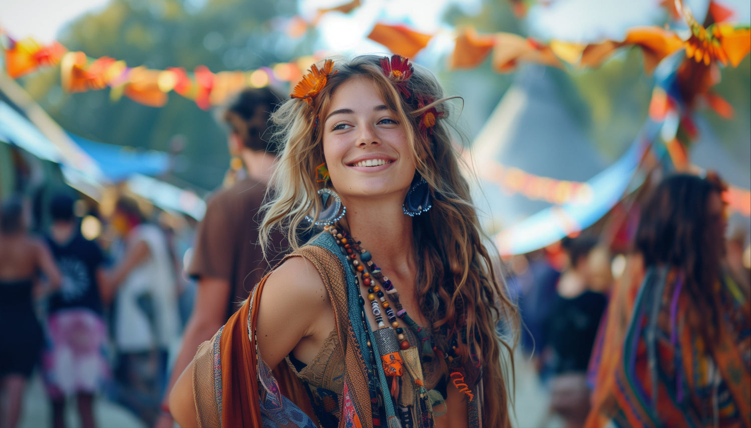 Woman with boho jewelry smiling at music festival with hippy clothes