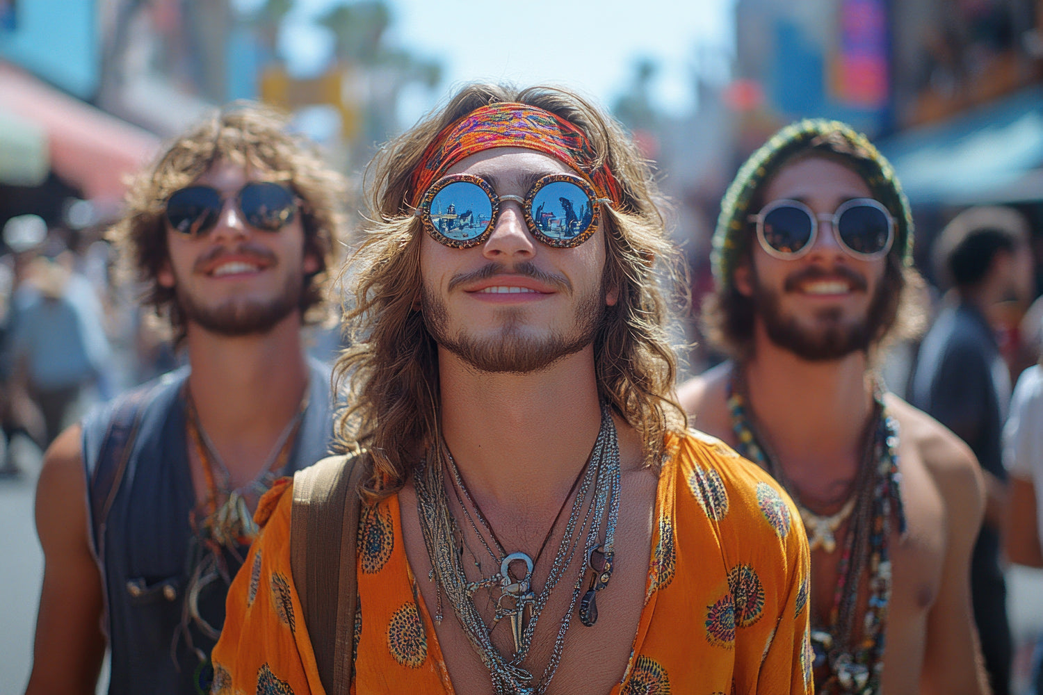 men wearing boho festival gear, necklaces, sunglasses 