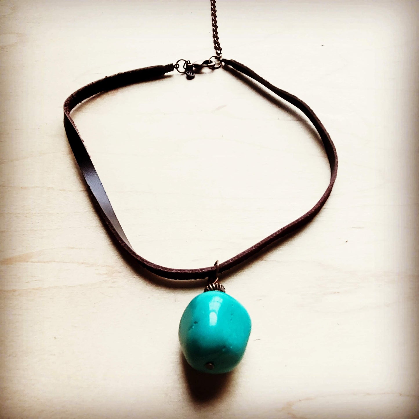 Leather Choker with Genuine Natural Turquoise Accent 242z