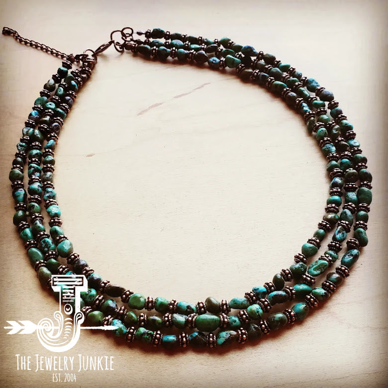 Triple Strand Natural Turquoise & Copper Collar Necklace 250n