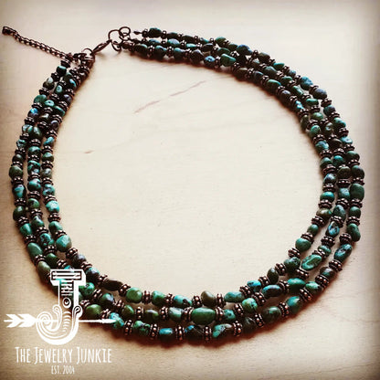 Triple Strand Natural Turquoise & Copper Collar Necklace 250n