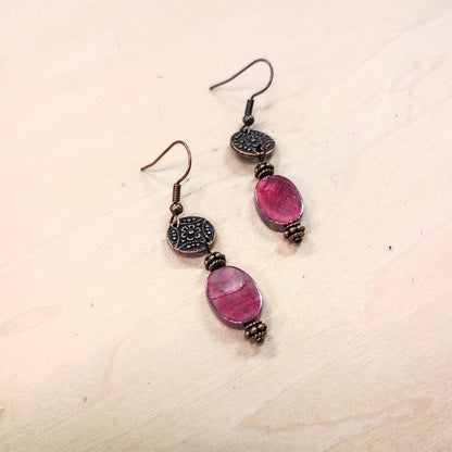 Natural Pink Jade Earrings w/ Copper Scroll Accent 225r