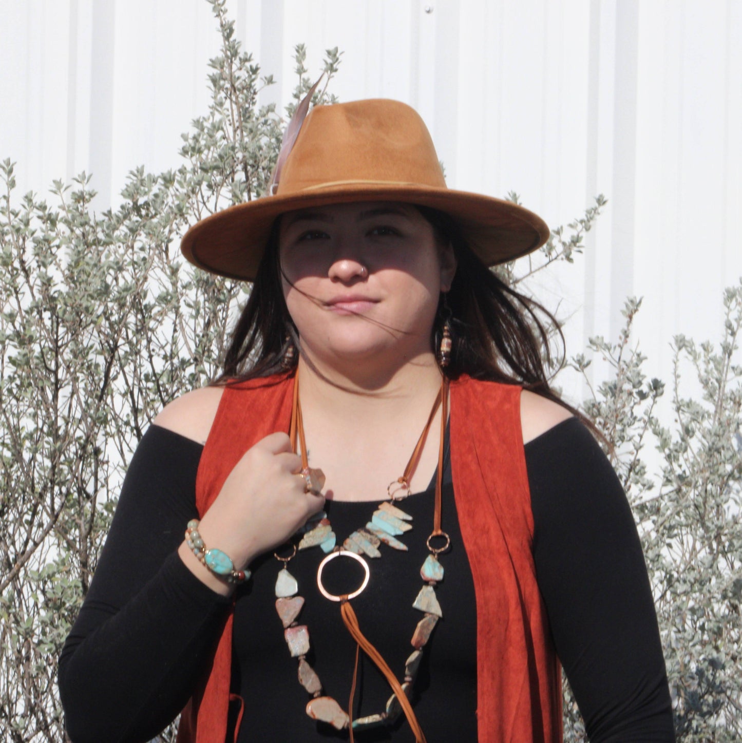 Aqua Terra Necklace w/ Hammered Copper Hoop and Long Fringe 225o