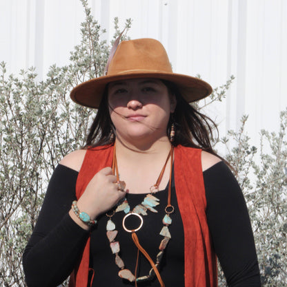 Aqua Terra Necklace w/ Hammered Copper Hoop and Long Fringe 225o