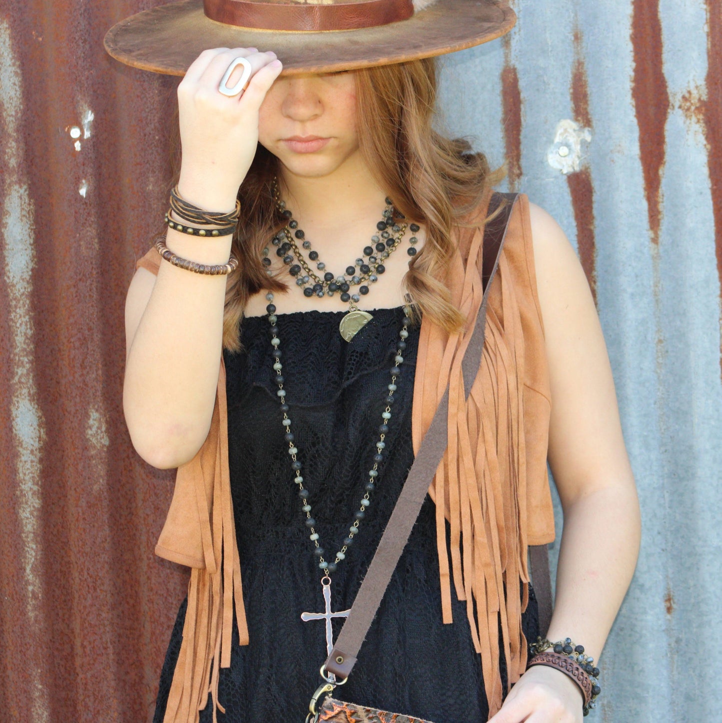 Multi-Strand Leather Cuff with Antique Gold Studs 007s