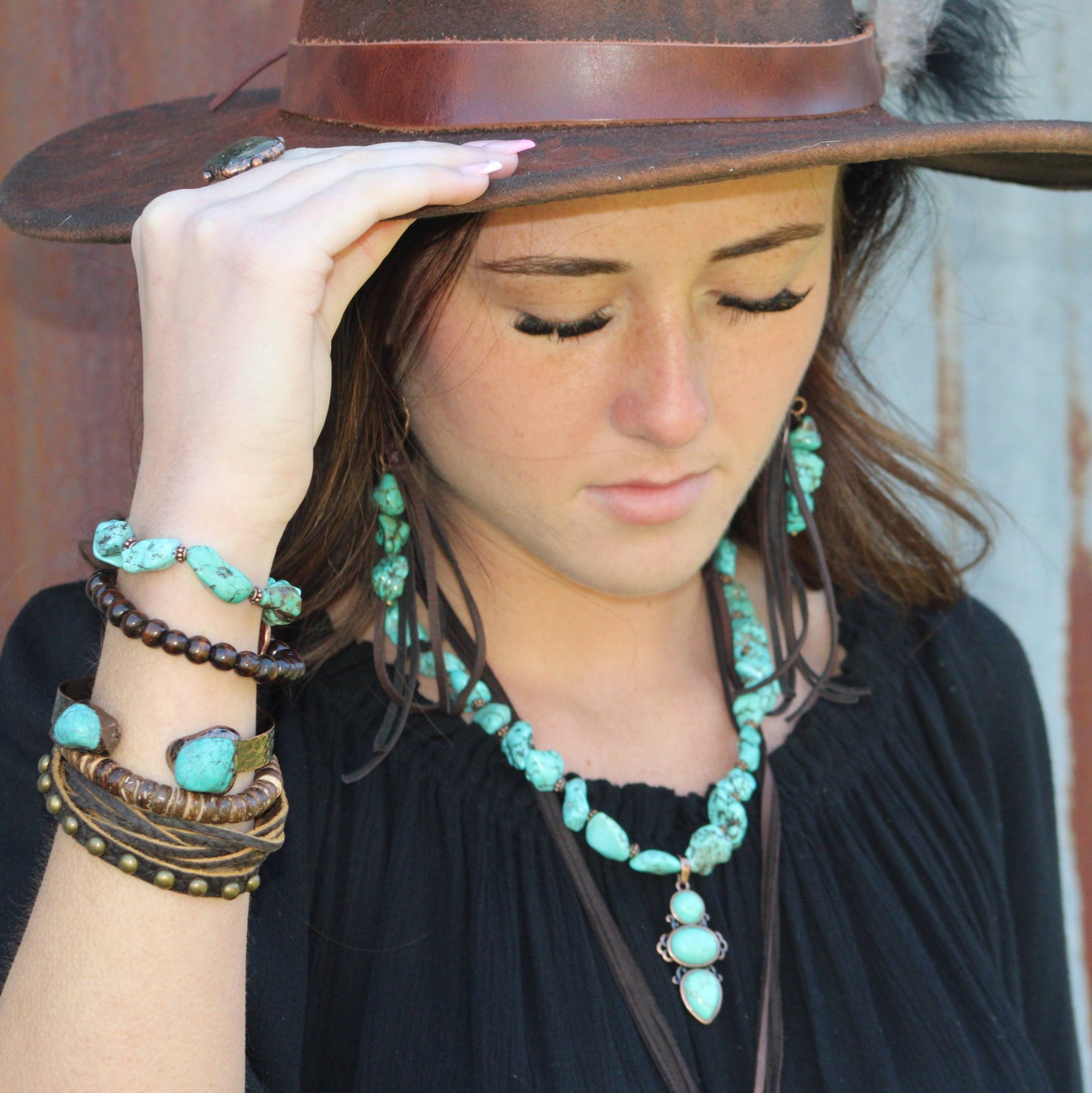 Multi-Strand Leather Cuff with Antique Gold Studs 007s