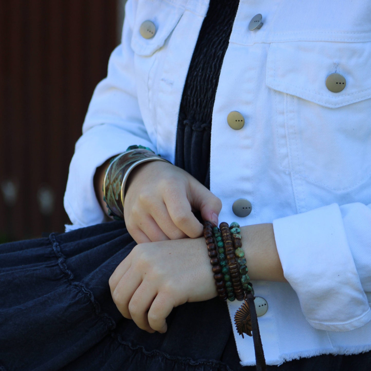 Wood Disc Beaded Stretch Bracelet 800oa