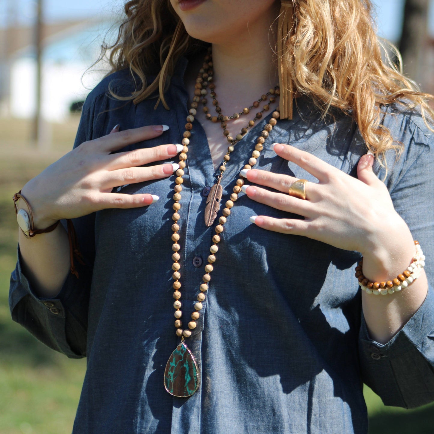 Double Strand Lariat Picture Jasper Necklace w/ Copper Feather 250u