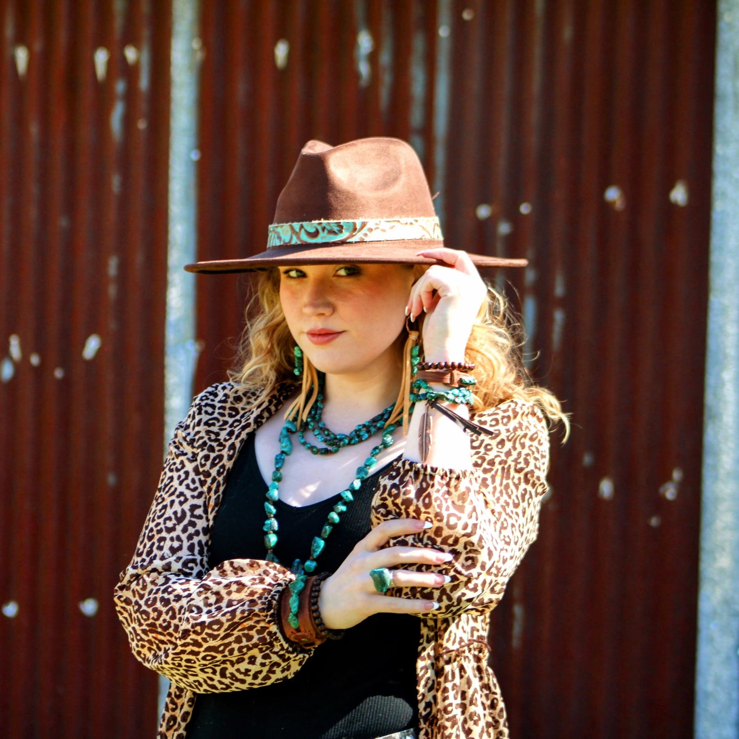 Large Triple Strand Natural Turquoise & Copper Collar Necklace 252y