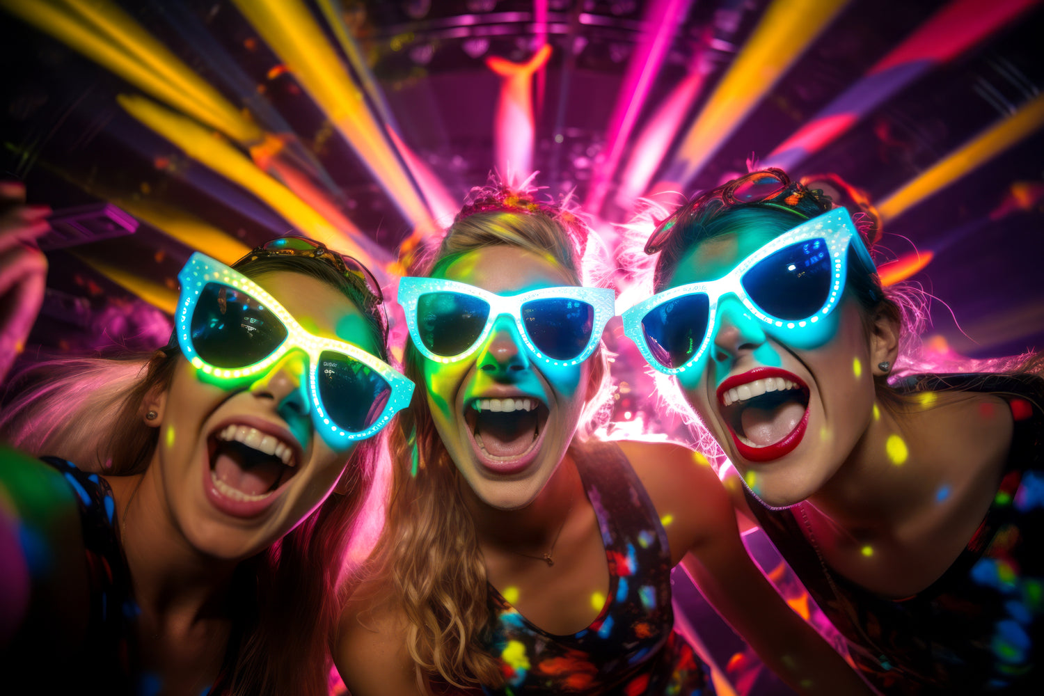Three people wearing LED glowing sunglasses at a concert