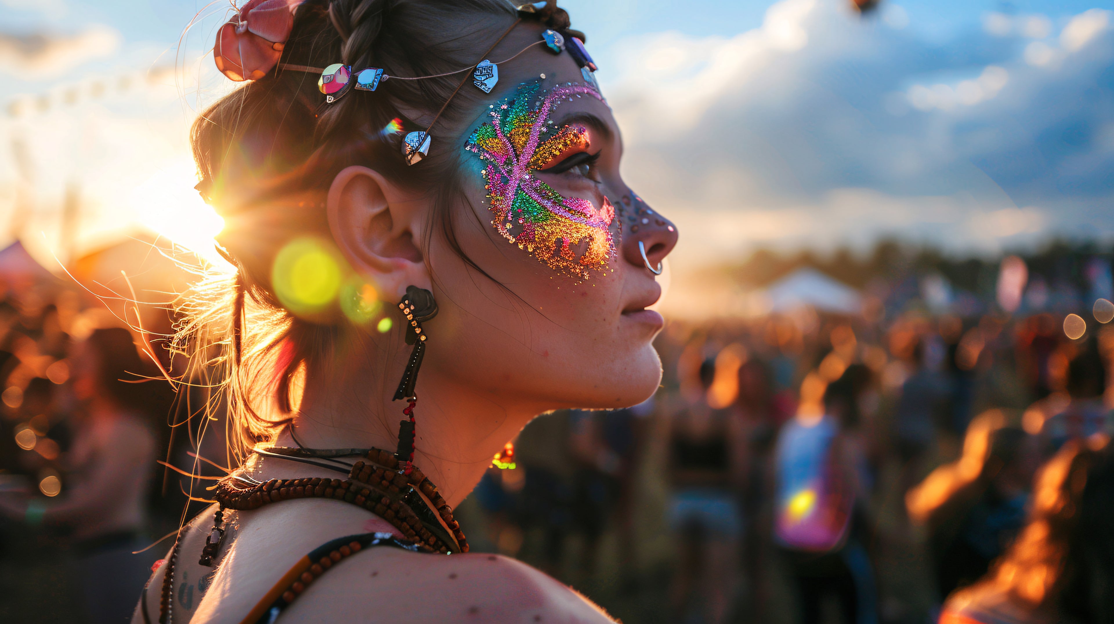 Person at phish concert wearing hippie clothes and festival accessories