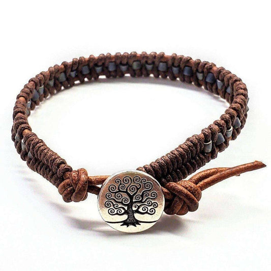 Mens or Womens Tree of Life Button Brown Gray Leather Wrap Seed Bead Bracelet Handmade