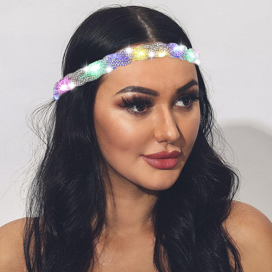 Light up Rhinestone Headband LED Rave Headpiece Glow Silver Crystal for Women