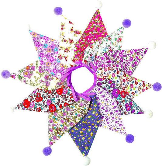 13Ft Fabric Triangle Bunting Flag Banner Kit With Vintage Floral Pattern and Pom Poms