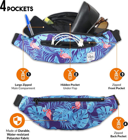Fanny Pack for Men Women - Many Prints - Black Holographic Silver Gold Cute Waist Bag for Festival Rave Hiking Running Cycling