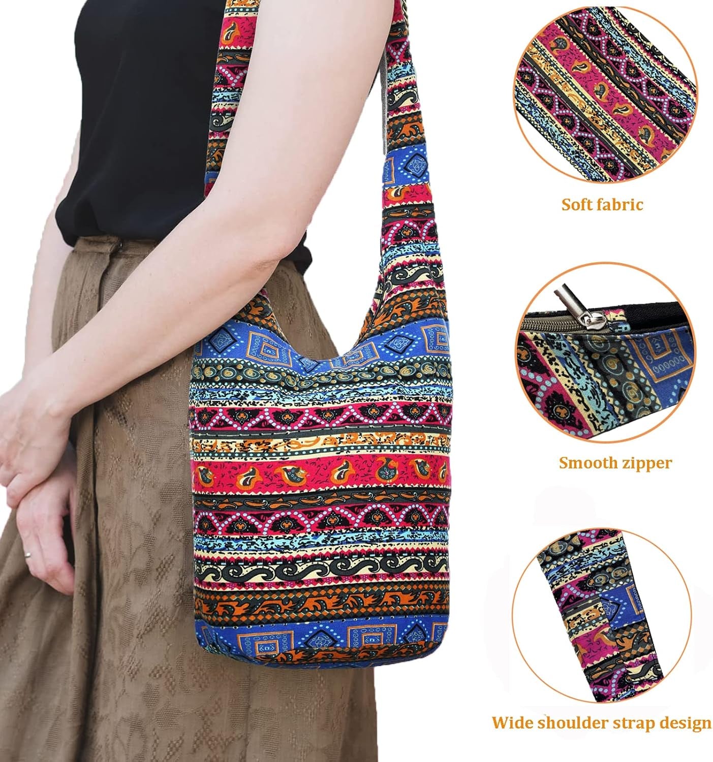 Bohemian Cotton Hippie Crossbody Bag Hobo Sling Bag Handmade Messenger Shoulder Bags