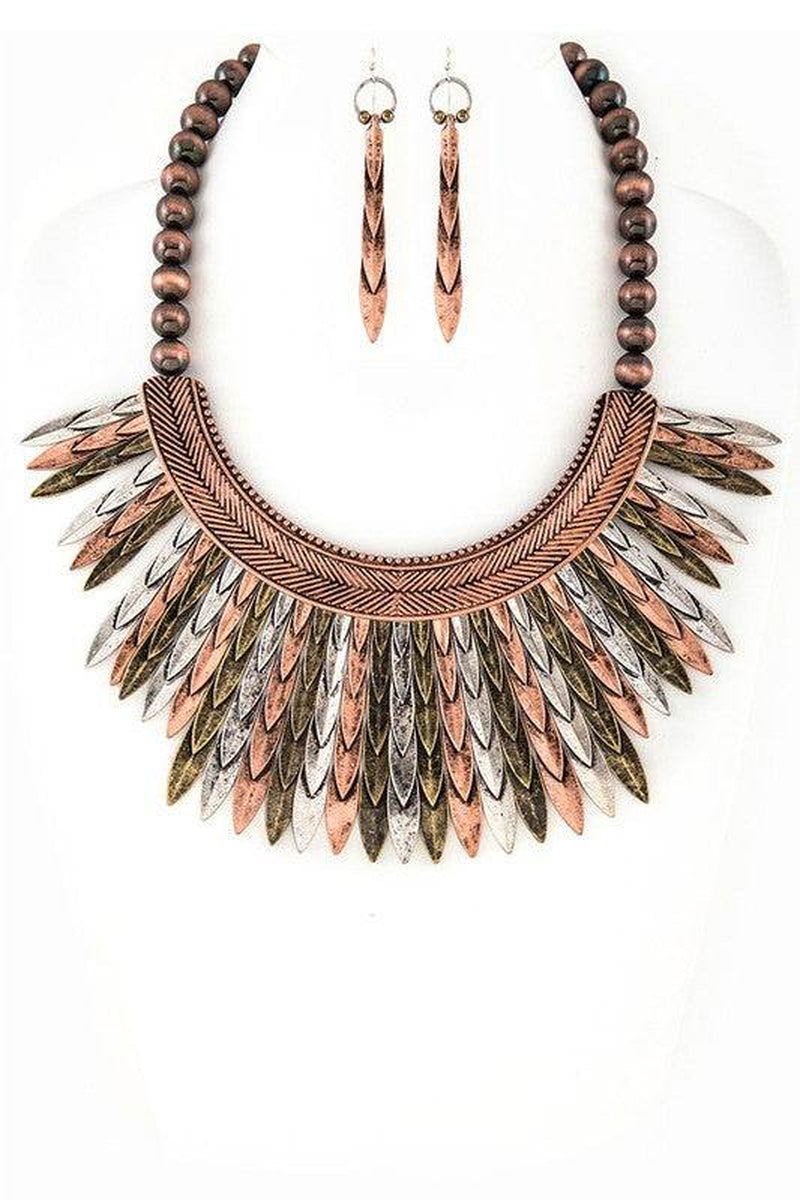 Metal Feather Statement Collar Necklace Set