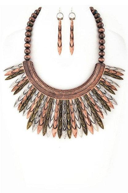 Metal Feather Statement Collar Necklace Set