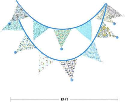 13Ft Fabric Triangle Bunting Flag Banner Kit With Vintage Floral Pattern and Pom Poms