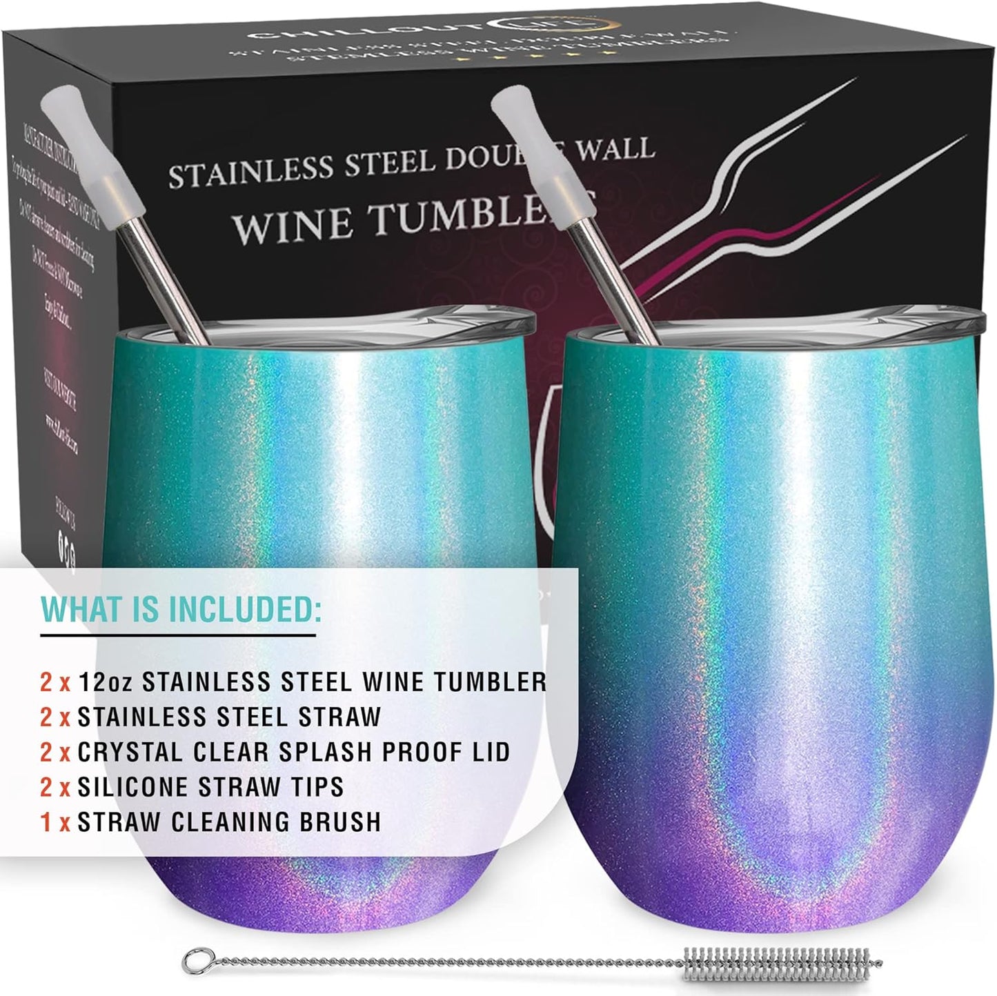 Stainless Steel Wine Tumblers 2 Pack 12 Oz - Double Wall Vacuum Insulated Wine Cups with Lids and Straws Set for Coffee, Wine, Cocktails (Mermaid Sparkle)