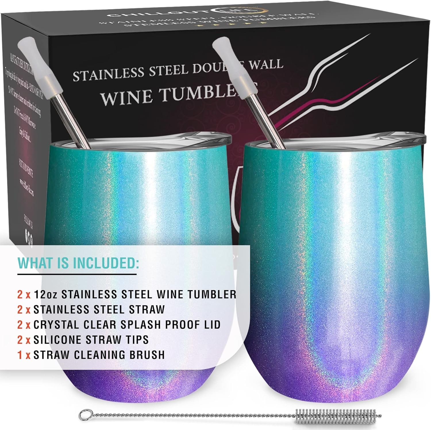 Stainless Steel Wine Tumblers 2 Pack 12 Oz - Double Wall Vacuum Insulated Wine Cups with Lids and Straws Set for Coffee, Wine, Cocktails (Mermaid Sparkle)