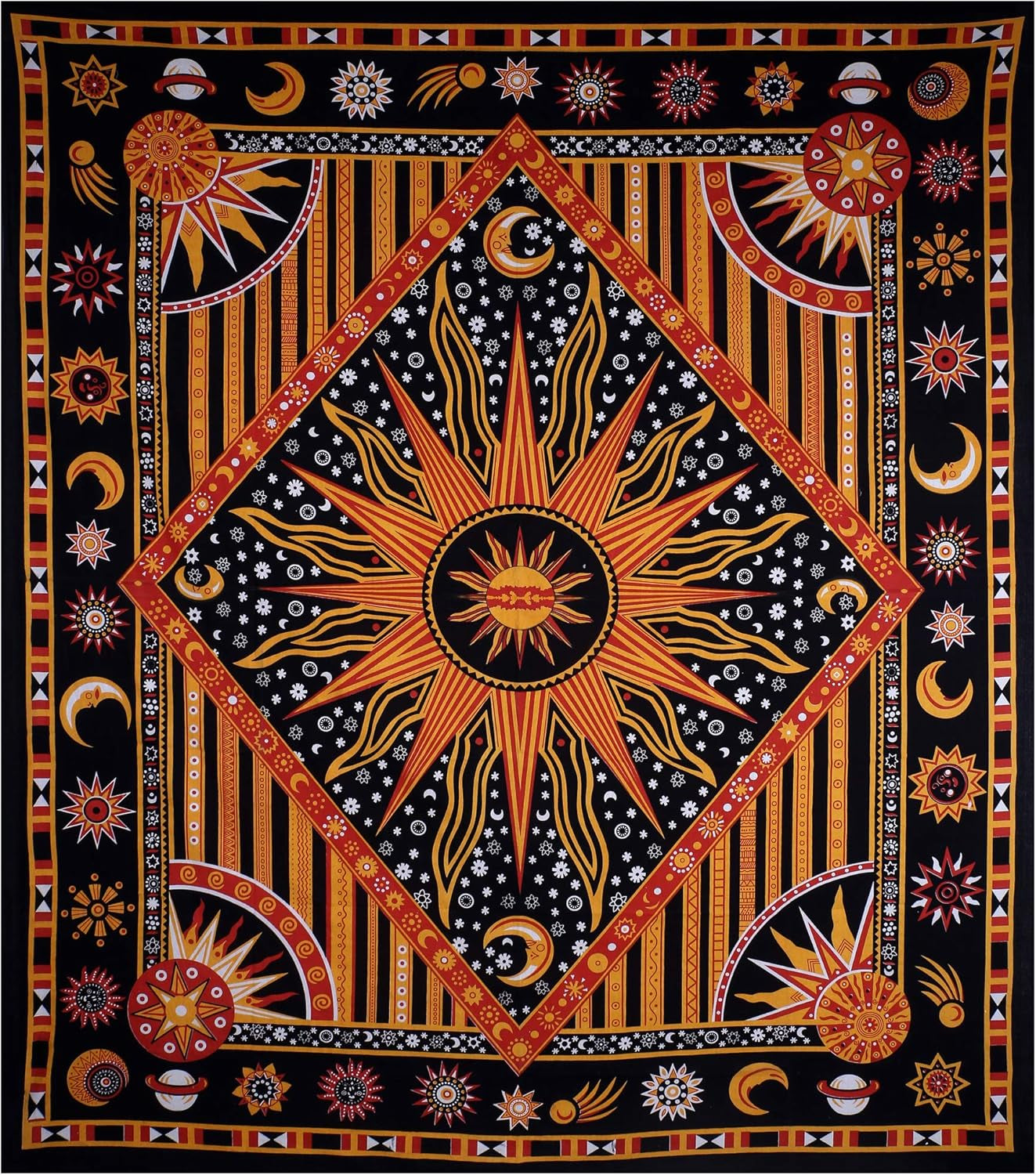 Golden Orange Mandala Aesthetic Tapestry – Celestial Cotton Wall Hanging for Bedroom or Living Room, 140X210 Cm