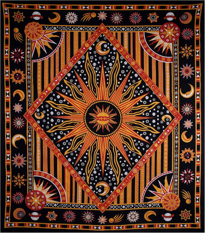 Golden Orange Mandala Aesthetic Tapestry – Celestial Cotton Wall Hanging for Bedroom or Living Room, 140X210 Cm