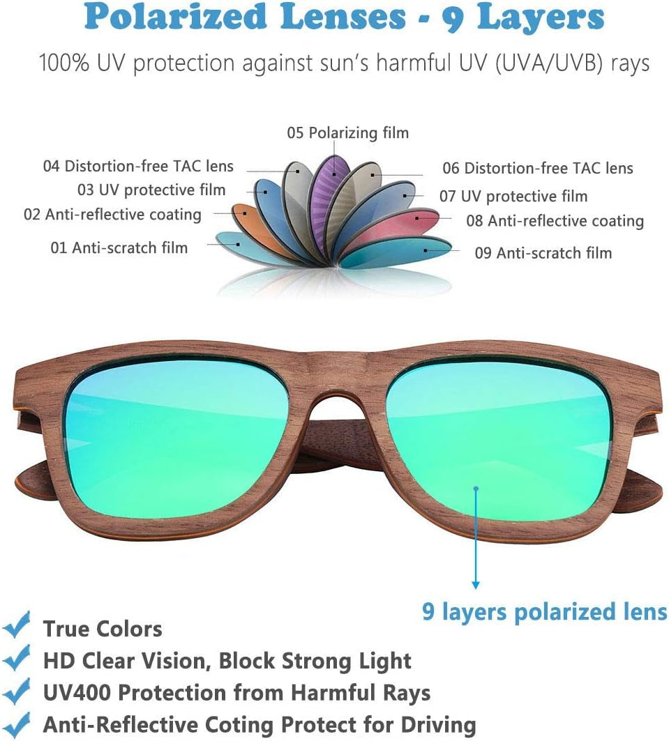 Polarized Wood Sunglasses Men, Wooden Bamboo Sunglasses for Women