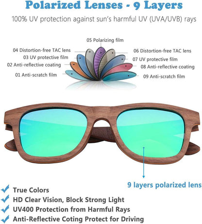 Polarized Wood Sunglasses Men, Wooden Bamboo Sunglasses for Women