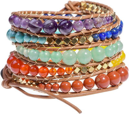 Natural Stone Wrap Bracelet for Women/Men | Adjustable Multilayer Genuine Leather Boho Handmade Beaded Bracelet
